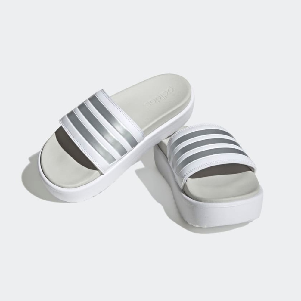 NEW NWT Adidas ADILETTE PLATFORM SLIDES White metallic gray striped 10 SOLD OUT